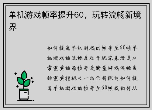 单机游戏帧率提升60，玩转流畅新境界